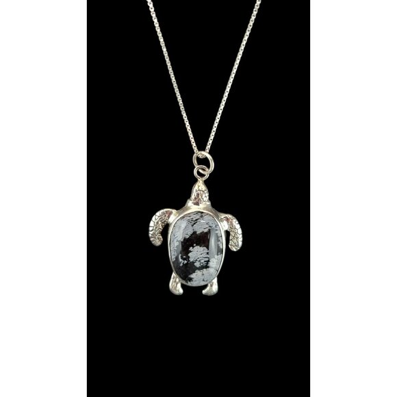 Vintage Turtle Pendant Necklace Snowflake Obsidian Stone Chain Sterling Silver - Picture 4 of 12